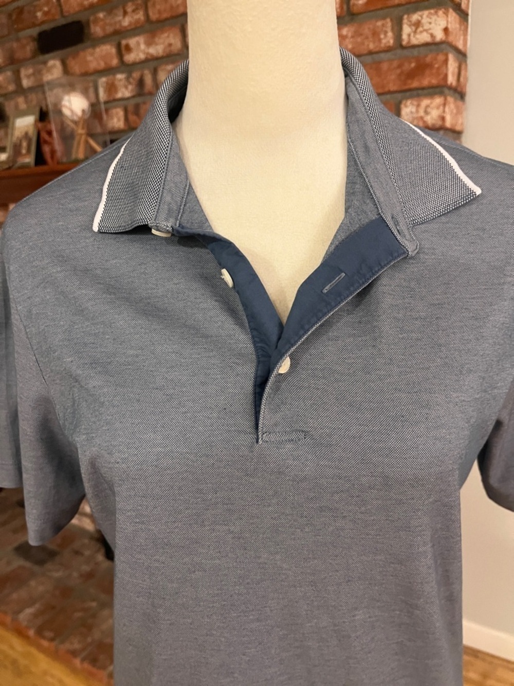 Theory Men's Heathered Blue Polo with Contrasting Placket - Picture 4 of 5
